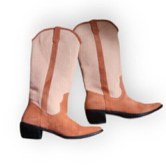 Urban Outfitters Suede Linen Canvas Leslie Tall Cowboy Boot Pink Peach … - Picture 4 of 12